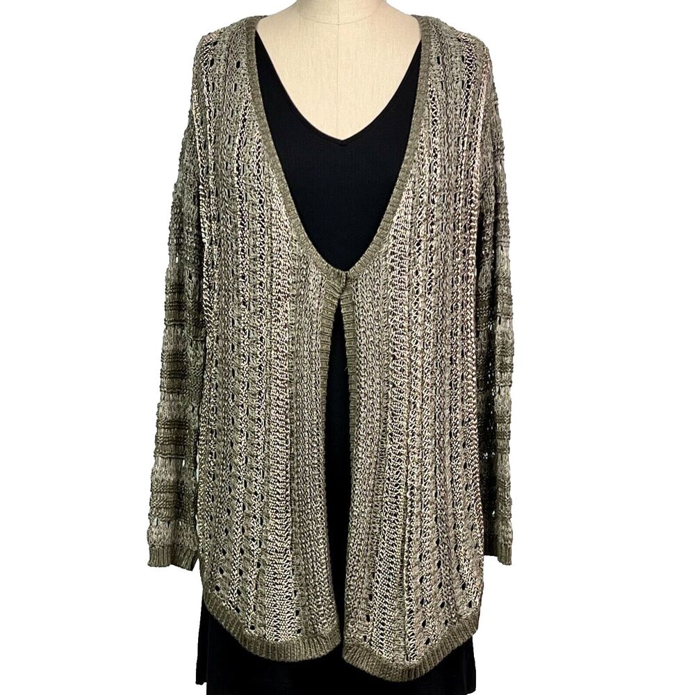 NWT Chico's Kyler Cardigan Metallic Drape Sweater Open Weave Olive Green Size 1